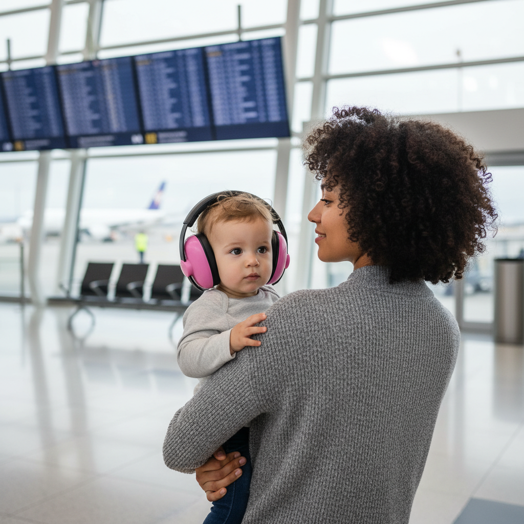 casque anti-bruit bébé rose bras maman aéroport devant tableau destination