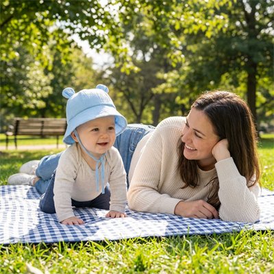 chapeau bebe anti uv bleu maman plat ventre