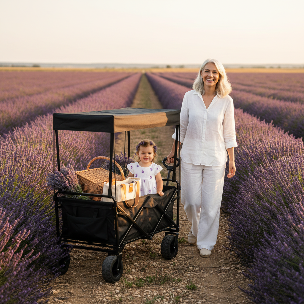 chariot de plage grand maman avec petite fille champs de lavande agréable