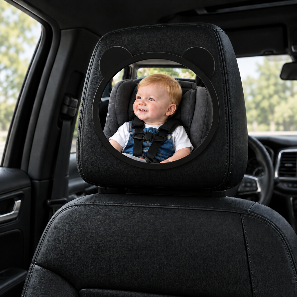 miroir voiture bébé roux regarde extérieur salopette chandail blanc