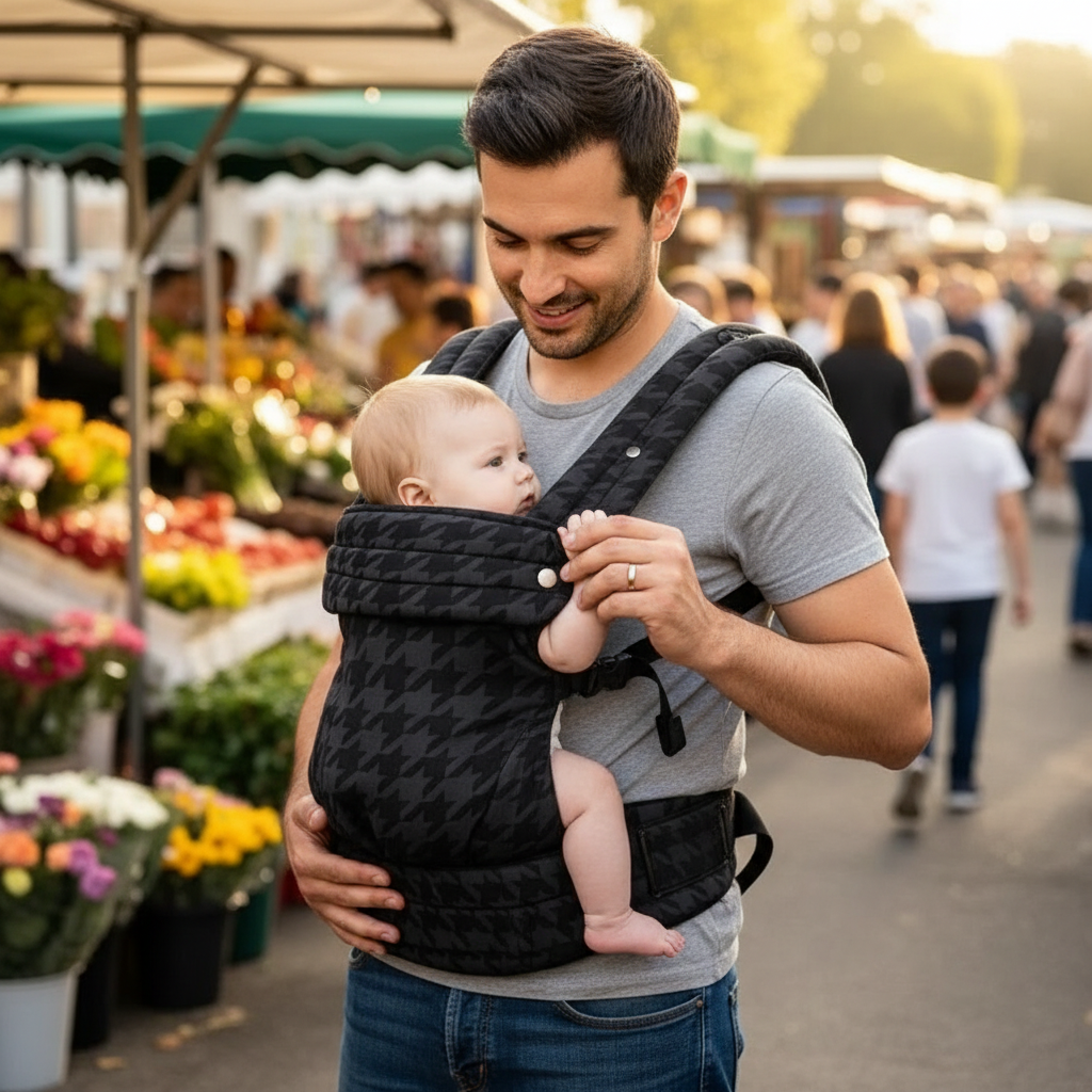 porte bébé gris papa tien main bébé au marché alimentaire