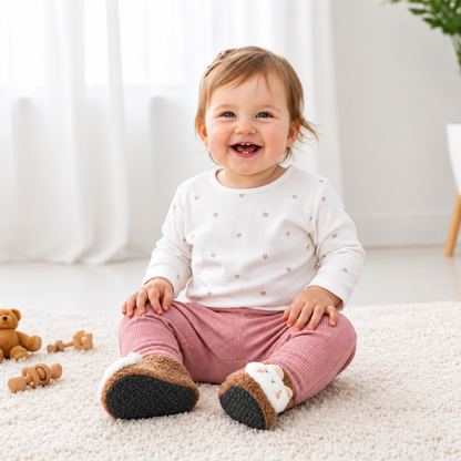 Chausson bébé marron assis sol tapis blanc heureuse avec jouets bois