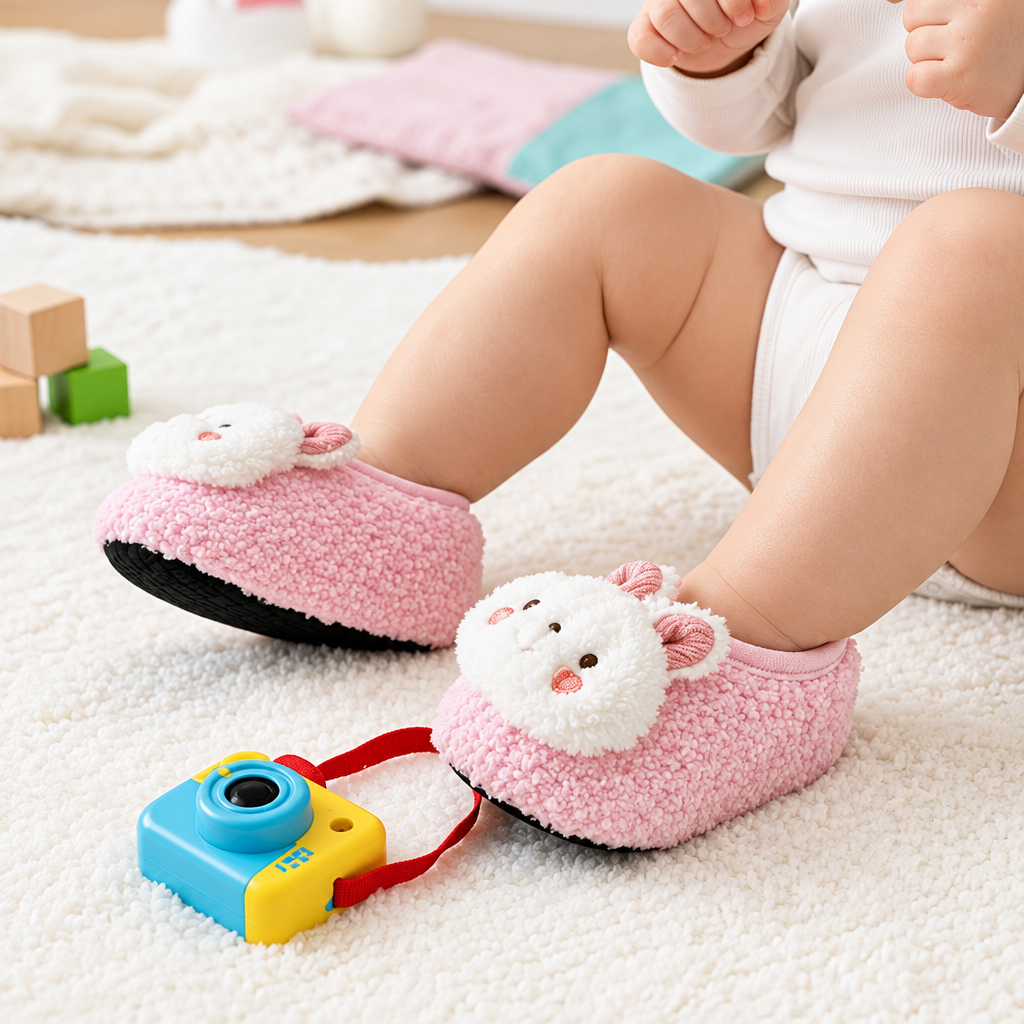 Chausson bébé rose chambre tapis blanc joue prendre des photos avec appareil