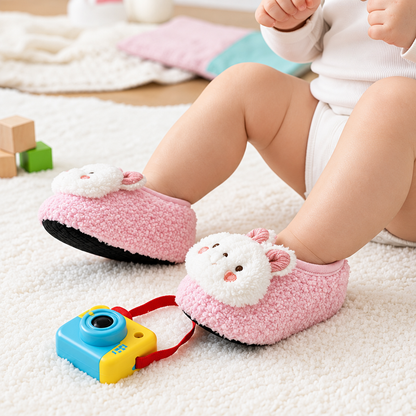 Chausson bébé rose chambre tapis blanc joue prendre des photos avec appareil