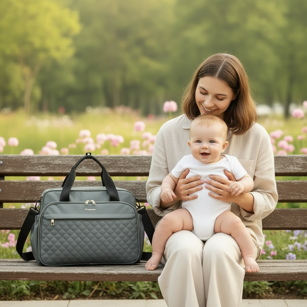 sac a langer gris avec maman banc parc