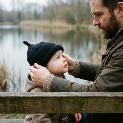 Bonnet bebe banc parc papa rivière