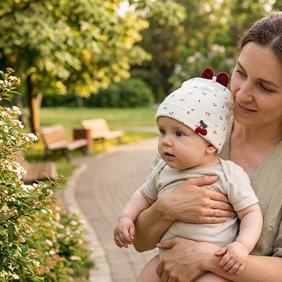 bonnet bebe cerises bras maman