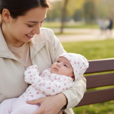 bonnet bébé fleuri banc parc maman