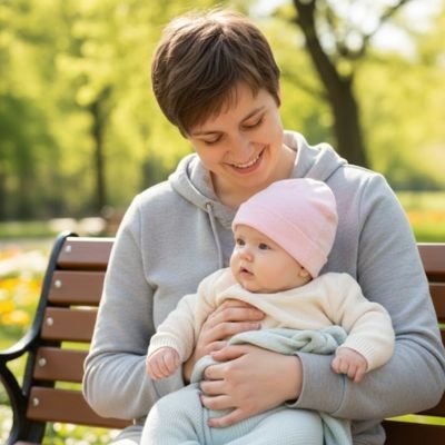 bonnet bébé rose banc parc maman