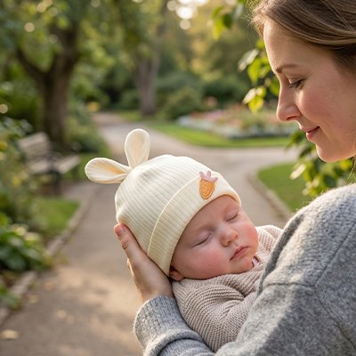 bonnet pour bebe jaune bras maman endormi