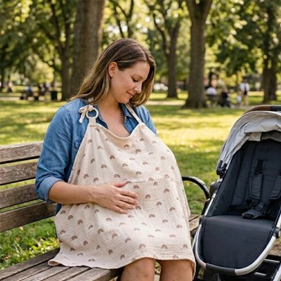 Cape d'allaitement arc en ciel kaki maman regarde bébé banc parc poussette prête