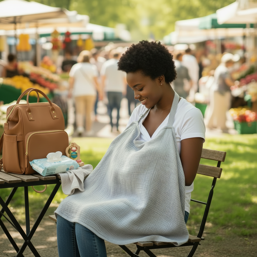 cape d'allaitement gris festival maman africaine assise chaise bois sac a langer table