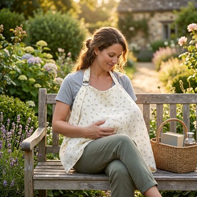 Cape d'allaitement petites fleurs jaune maman assise banc parc botanique heureuse