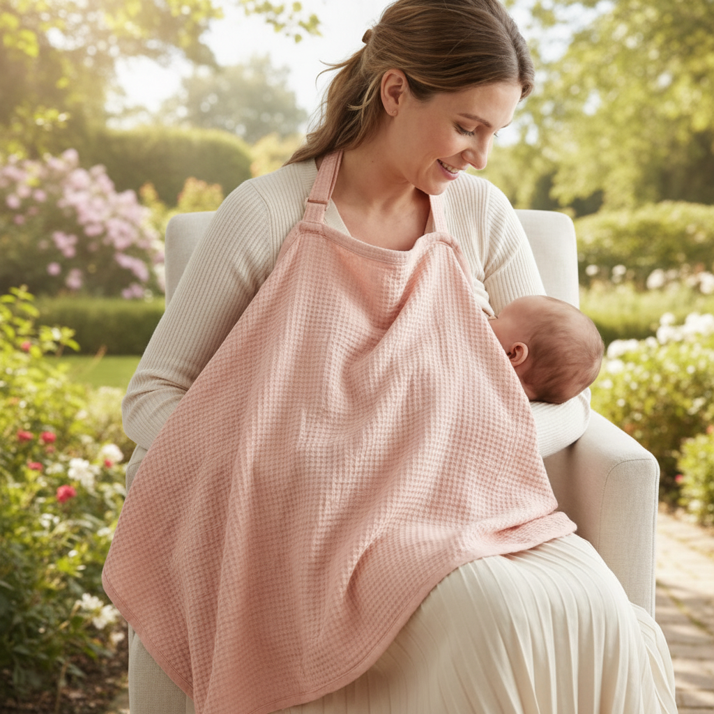 cape d'allaitement rose maman jardin fleuri regardant en souriant