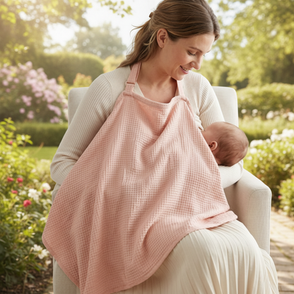 cape d'allaitement rose maman jardin fleuri regardant en souriant