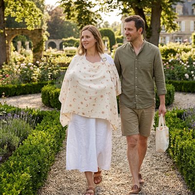 Cape d'allaitement soleil étoile en marchant maman papa sentier jardin botanique