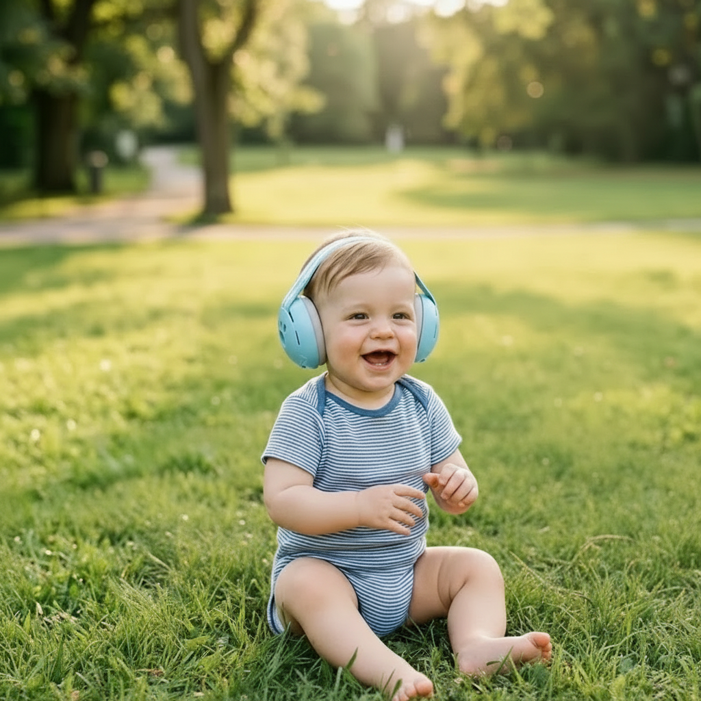 casque anti bruit bebe bleu assis au sol gazon heureux