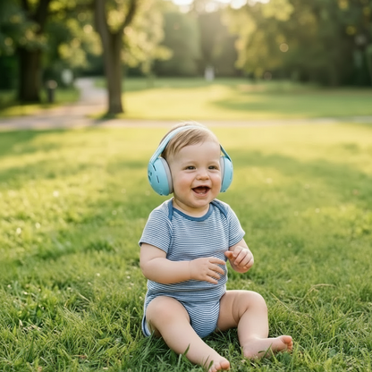 casque anti bruit bebe bleu assis au sol gazon heureux