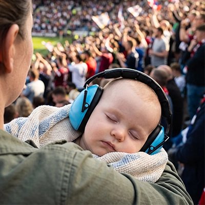 Casque anti bruit bébé bleu endormi stade