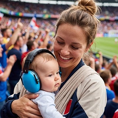 Casque anti bruit bébé bleu maman souriante stade