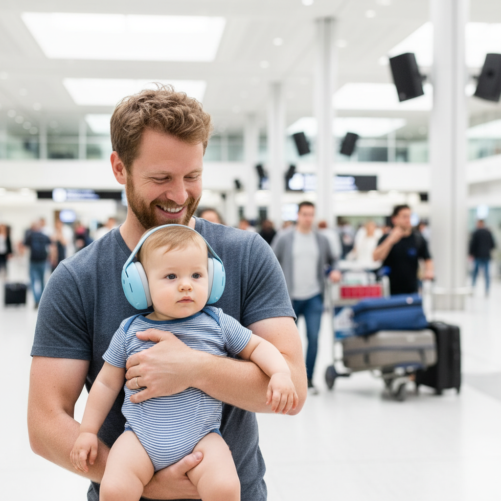 casque anti bruit bebe bleu papa aéroport regarde partout pour trouver maman