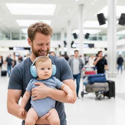 casque anti bruit bebe bleu papa aéroport regarde partout pour trouver maman