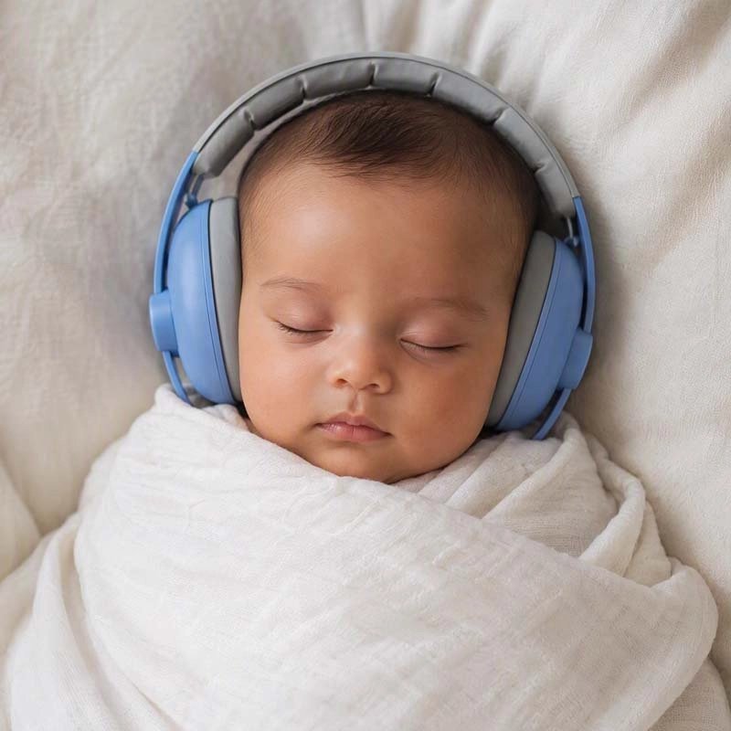casque anti-bruit bébé bleu petit garçon endormi emmitouflé au chaud