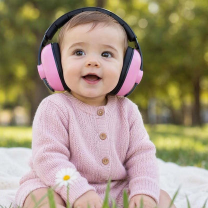 casque anti-bruit bébé rose assis sol couverture blanche admire la nature