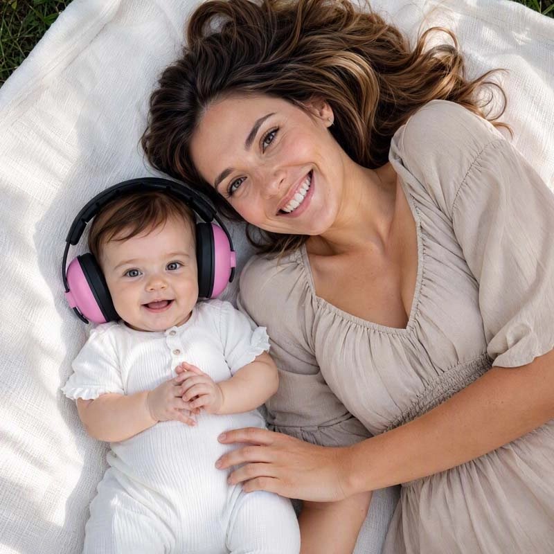 casque anti-bruit bébé rose maman allonger sol couverture blanche sur herbe souriante