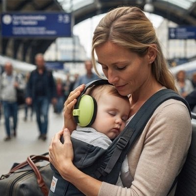 Casque anti bruit bébé vert maman aéroport