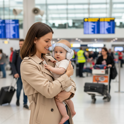 casque anti bruit pour bebe blanc maman aéroport en attente de son vol