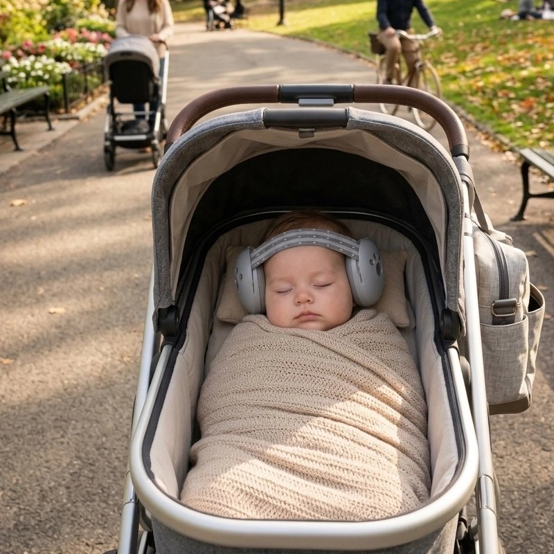 casque anti bruit pour bebe gris endormi landeau poussette sentier urbain