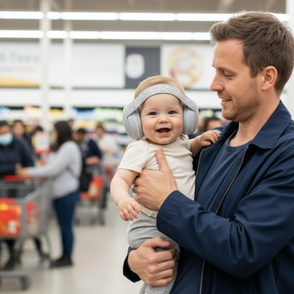 casque anti bruit pour bebe gris papa fait course alimentaire à l'épicerie