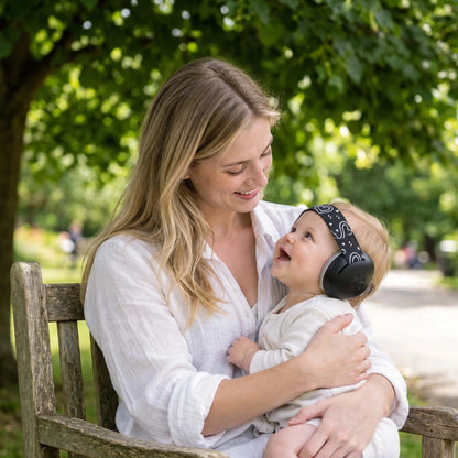 casque anti bruit pour bebe noir maman assise chaise bois parc ensoleillé
