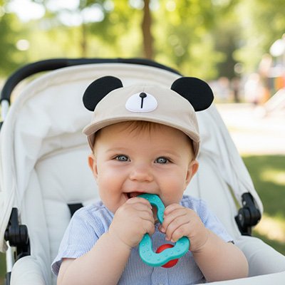 casquette bébé beige poussette jouet