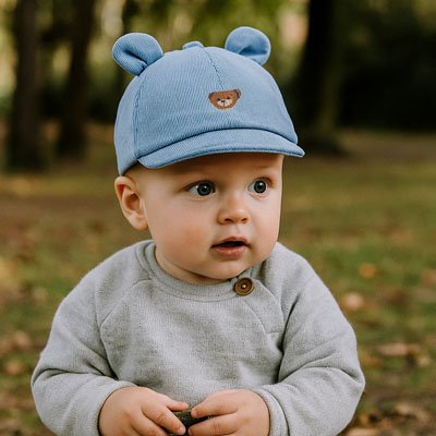 Casquette bebe bleu chandail gris