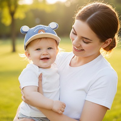 casquette bebe bleu maman bras