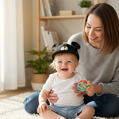 casquette bébé noire maman tapis salon