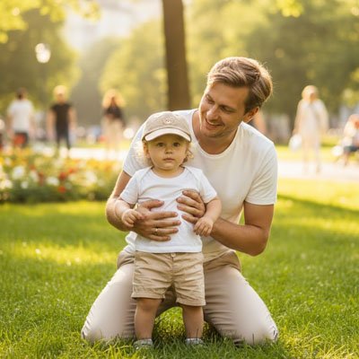 casquette pour bebe beige papa debout