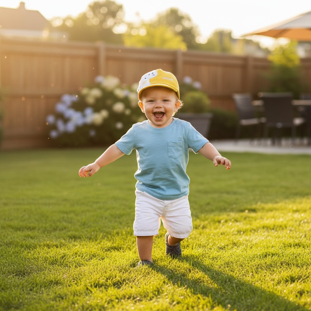 casquette pour bebe jaune courir pelouse