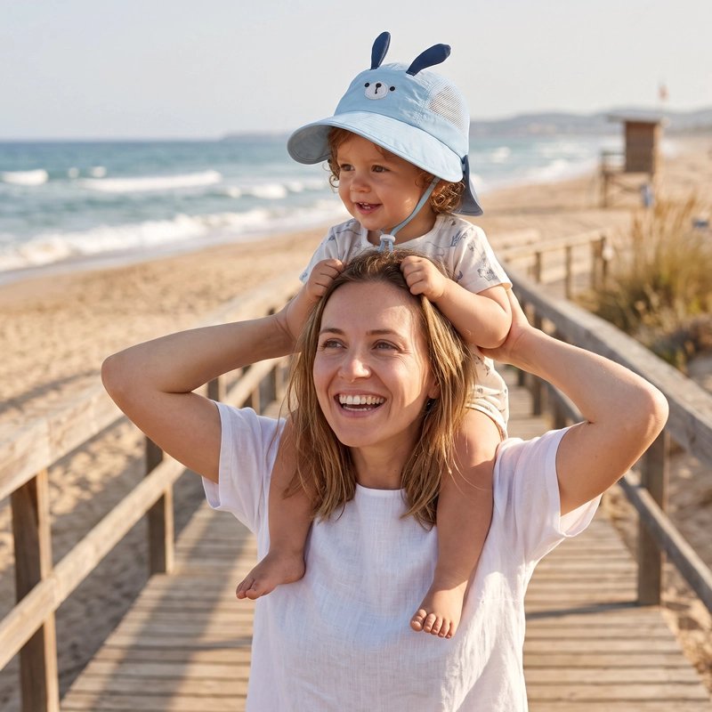 chapeau anti uv bébé bleu pont plage