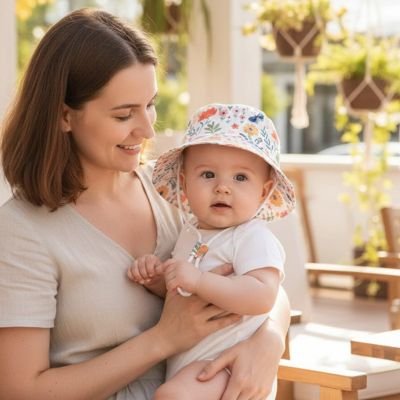 chapeau anti uv bébé fleur maman balcon