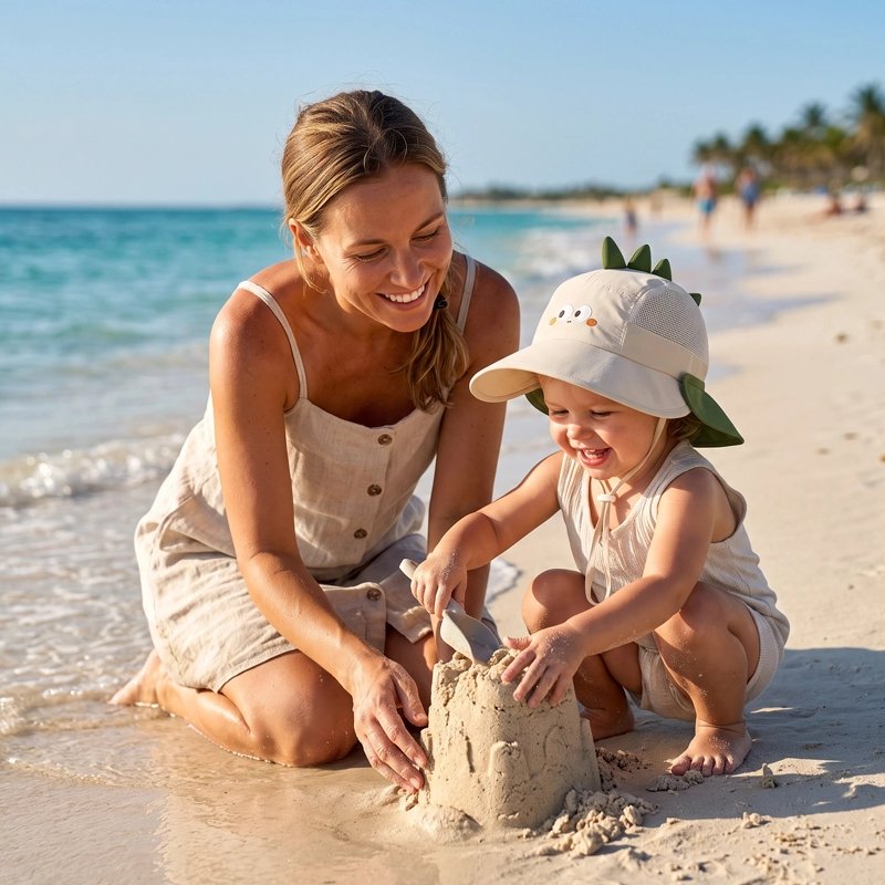 chapeau bebe beige maman plage chateau sable