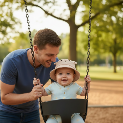 chapeau bebe beige papa balancoire parc