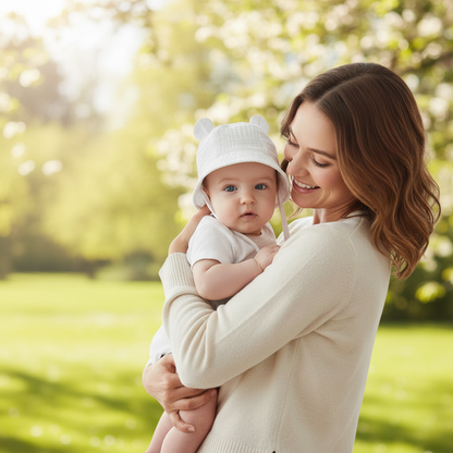 chapeau bebe blanc maman dans les bras