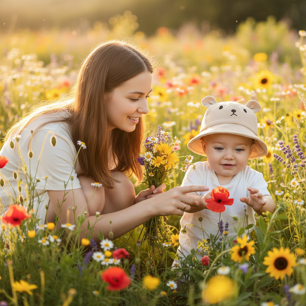 chapeau bebe camel maman champs fleurs