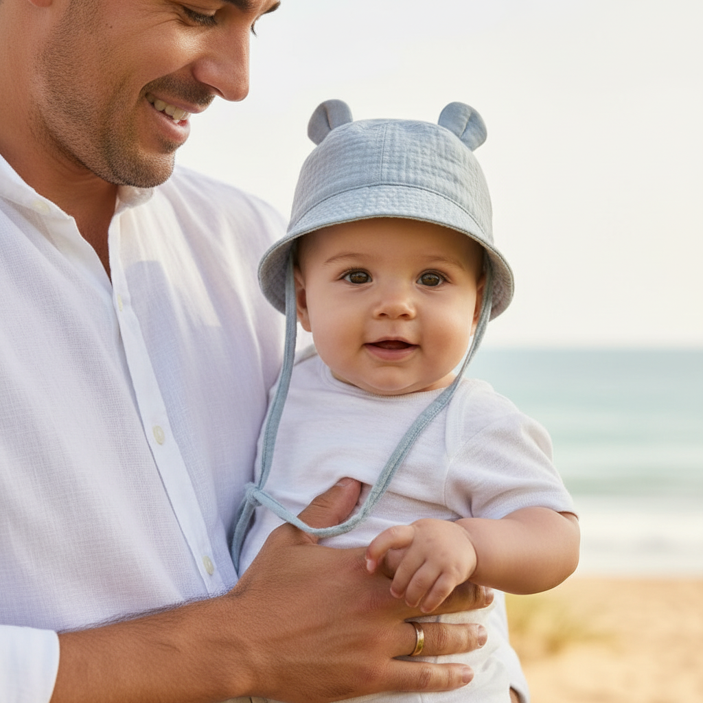 chapeau bebe gris papa à la plage