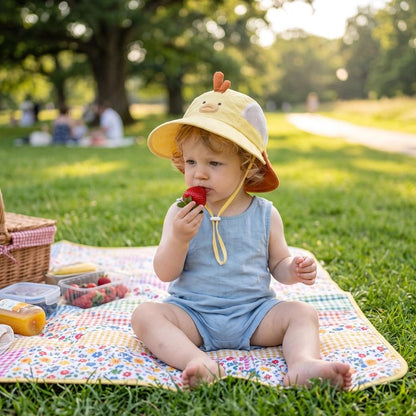 chapeau bebe jaune picnic fraise couverture