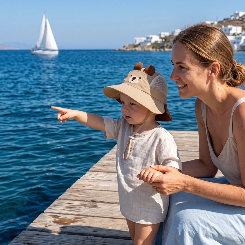chapeau bebe marron bord mer bateau