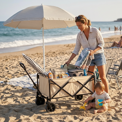 chariot de plage kaki maman installe couverture parasol bébé joue par terre